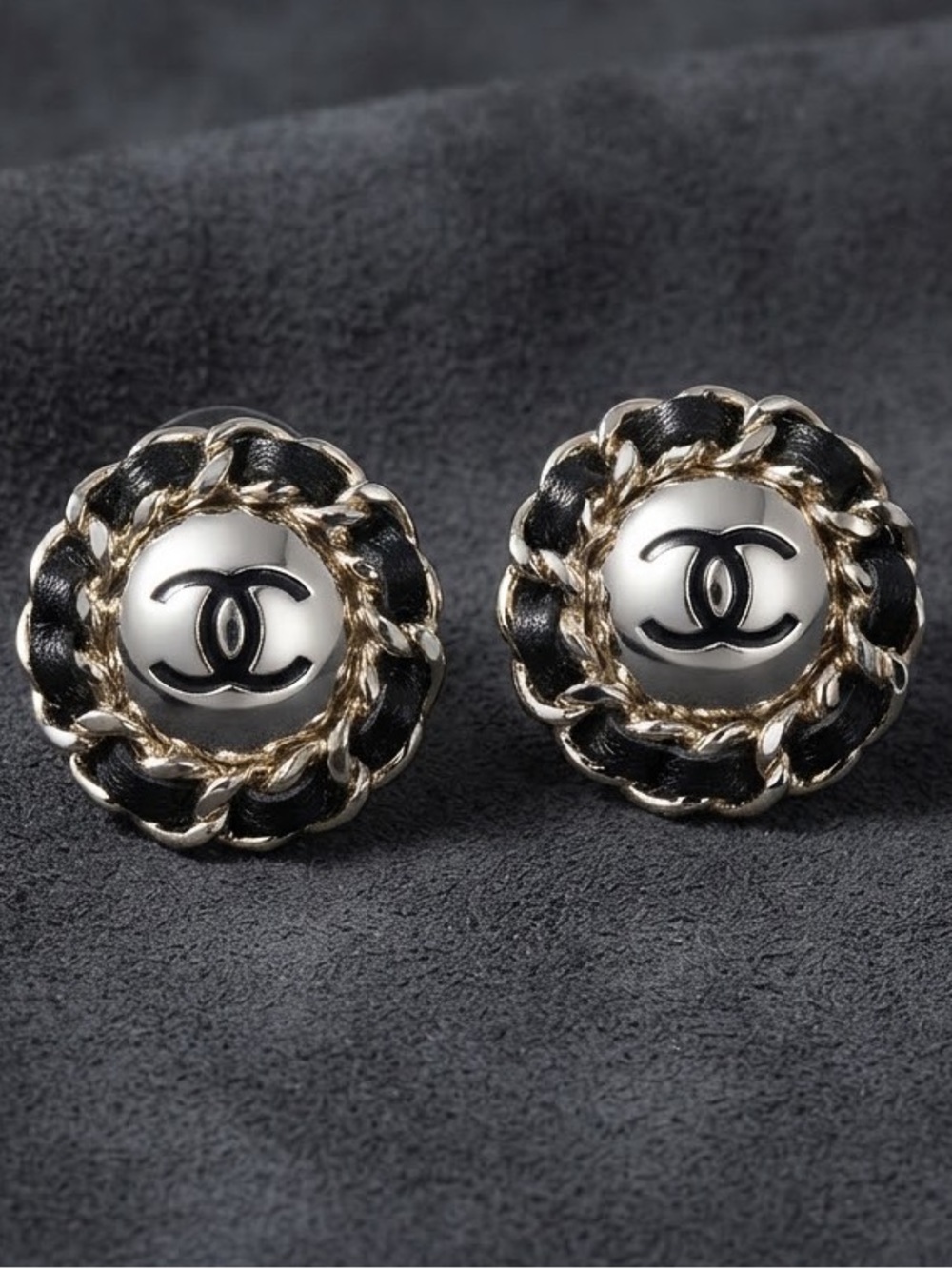 Black and Gold / Silver Tone Braided Lettered C Button Earrings